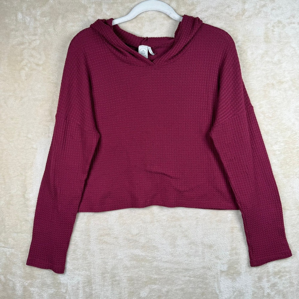 Paper Crane WomensLarge Burgundy Waffle Knit‎ Cropped Hoodie Long Sleeve Top